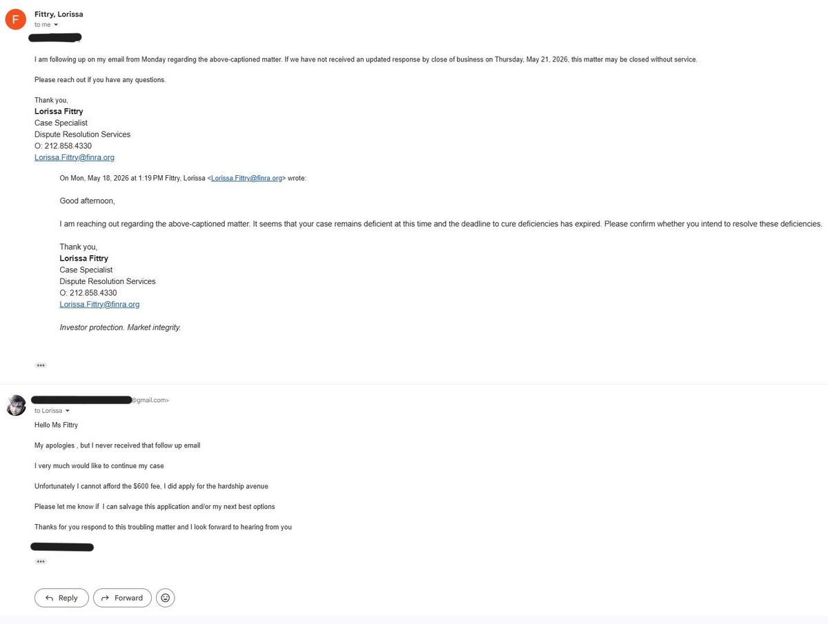 XMenWarriors's tweet photo. #MMTLP
So Finra reaches out to me about my dispute about Robinhood illegally selling 1500 of my shares in a margin call with no prior notice
She claims to have sent me an email which I never received giving me a deadline for the case
I responded, lets see what happens
will update https://t.co/VYilN9Sr7k