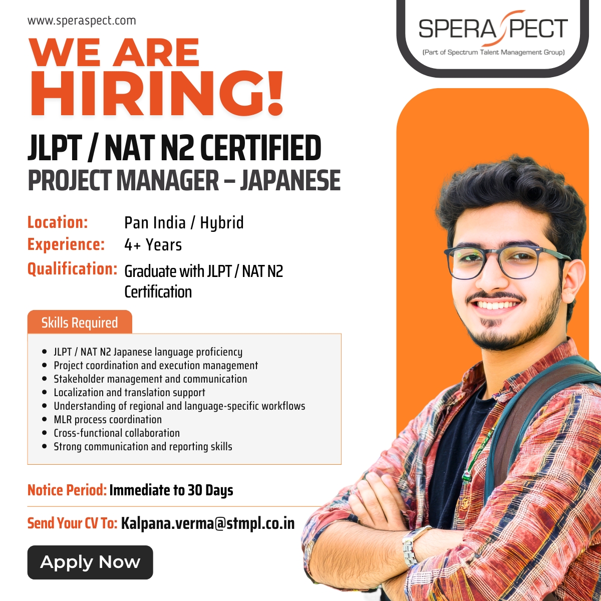 speraspect's tweet photo. Hiring JLPT/NAT N2 Certified Project Manager – Japanese. Share CVs at Kalpana.verma@stmpl.co.in

#Hiring #JapaneseJobs #JLPT #NATN2 #ProjectManager #BilingualJobs #JapaneseLanguage #ProjectManagement #HybridJobs #TechRecruitment #Speraspect https://t.co/83V2sCYU8J