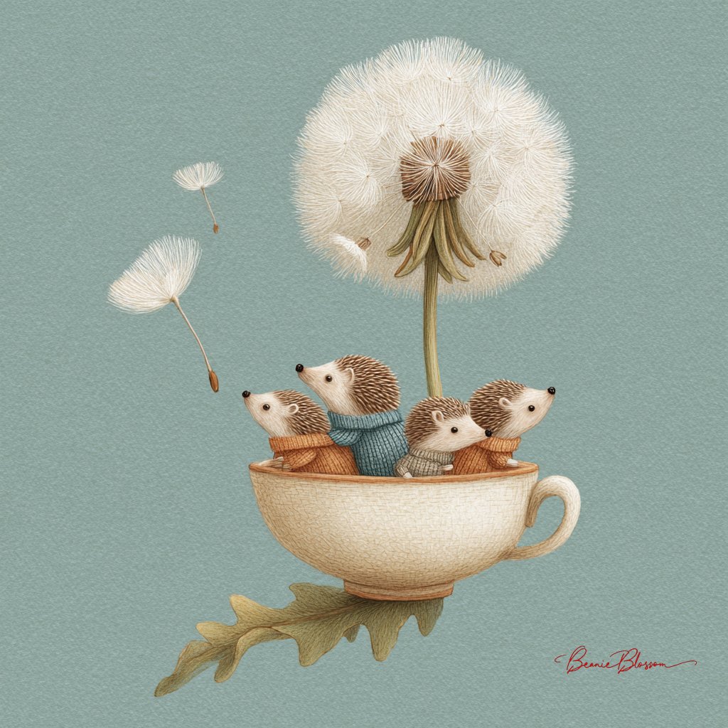 BeanieBlossom's tweet photo. Prompt: A tiny teacup sailing on a dandelion seed, carrying a family of miniature hedgehogs wearing knitted sweaters. Soft, pastel colors, a sense of gentle wonder - illustrated in a style reminiscent of vintage storybook art, with a touch of slightly off-kilter perspective.

Feel free to join in :)

#AIArtWork #AIArt #AIArtists #AIArtCommunity #PromptShare