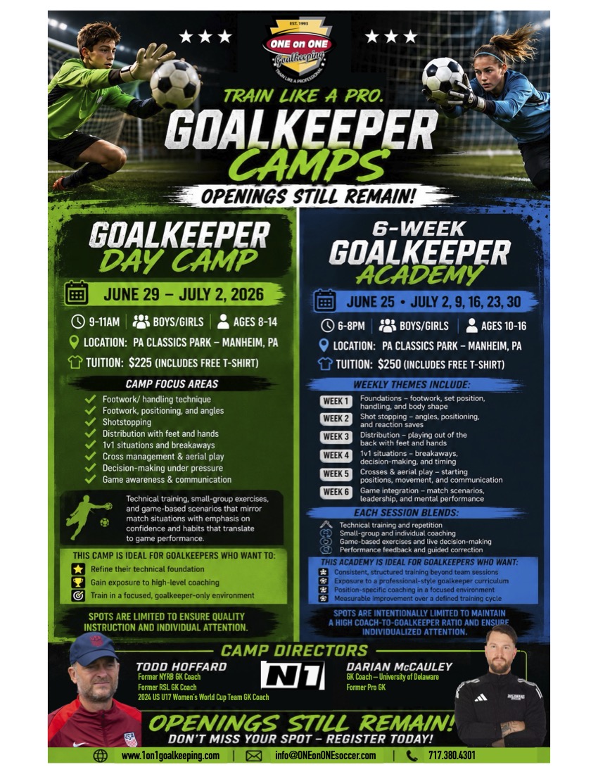 ToddHoffard's tweet photo. Attention Lancaster, PA Area GKS!

33 years strong in Lancaster area...

GK DAY CAMP
6-WEEK GK ACADEMY
📍 PA Classics Park – Manheim, PA

Boys/Girls  Ages 8–16
Spots are limited!
Register now:
https://t.co/sPlUCBa2Ve

#GoalkeeperTraining #LancasterPA #SoccerTraining #GKAcademy https://t.co/zDYQzJupRo