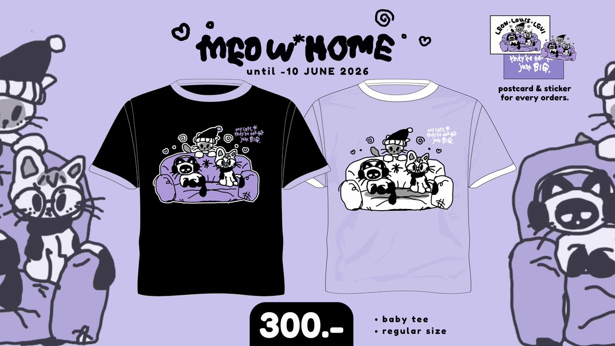 delighttttt_'s tweet photo. now, (pre-order)
tenmeow collection 🐈‍⬛🐱💜

✿ baby cats (restock!) 
oversize 340 บาท

✿ meow*home (new!)
baby tee / regular 300 บาท

🛒 https://t.co/P68oNgUdZY
☁️ มัดจำ 50% 

กำไรหลังหักคชจโดเนทโปรเจคสนับสนุน SO10
ꔛ today - 10/06/2026
ꔛ free postcard (all order) https://t.co/mKytfmuS7M