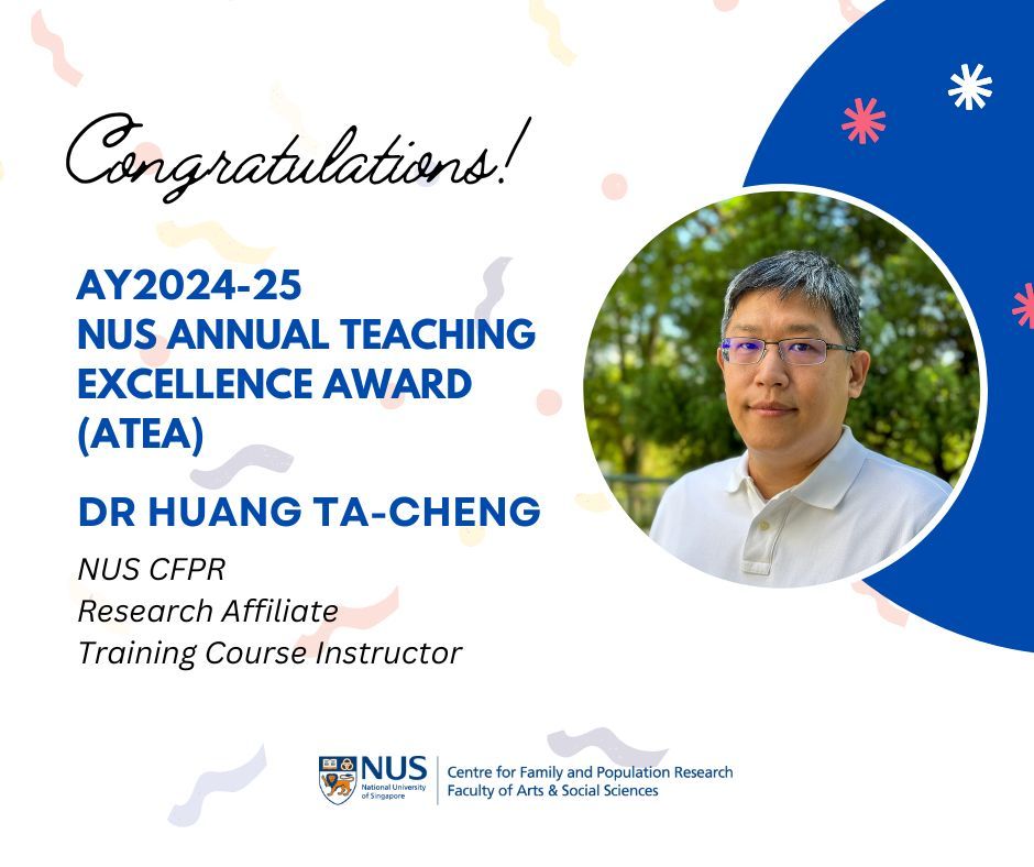 nuscfpr's tweet photo. Congratulations to Dr Huang Ta-Cheng, NUS CFPR Research Affiliate and Training Course Instructor, on receiving the NUS Annual Teaching Excellence Award (ATEA)! We celebrate this well-deserved recognition of his dedication to teaching and inspiring students. https://t.co/wN3omyhY0Q