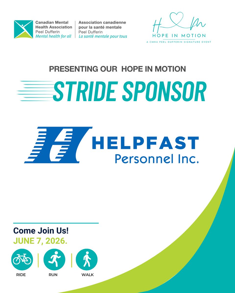 CMHAPeelDuff's tweet photo. 💚 Sponsor Spotlight

Thank you to Helpfast Personnel Inc. for supporting #HopeInMotion2026 as a Stride Sponsor!
Together, we're helping move mental health forward in our community. 🚴🏃🚶

Come join us 🔗 https://t.co/MGoUpgbIBh https://t.co/6kEVn8Zjvt