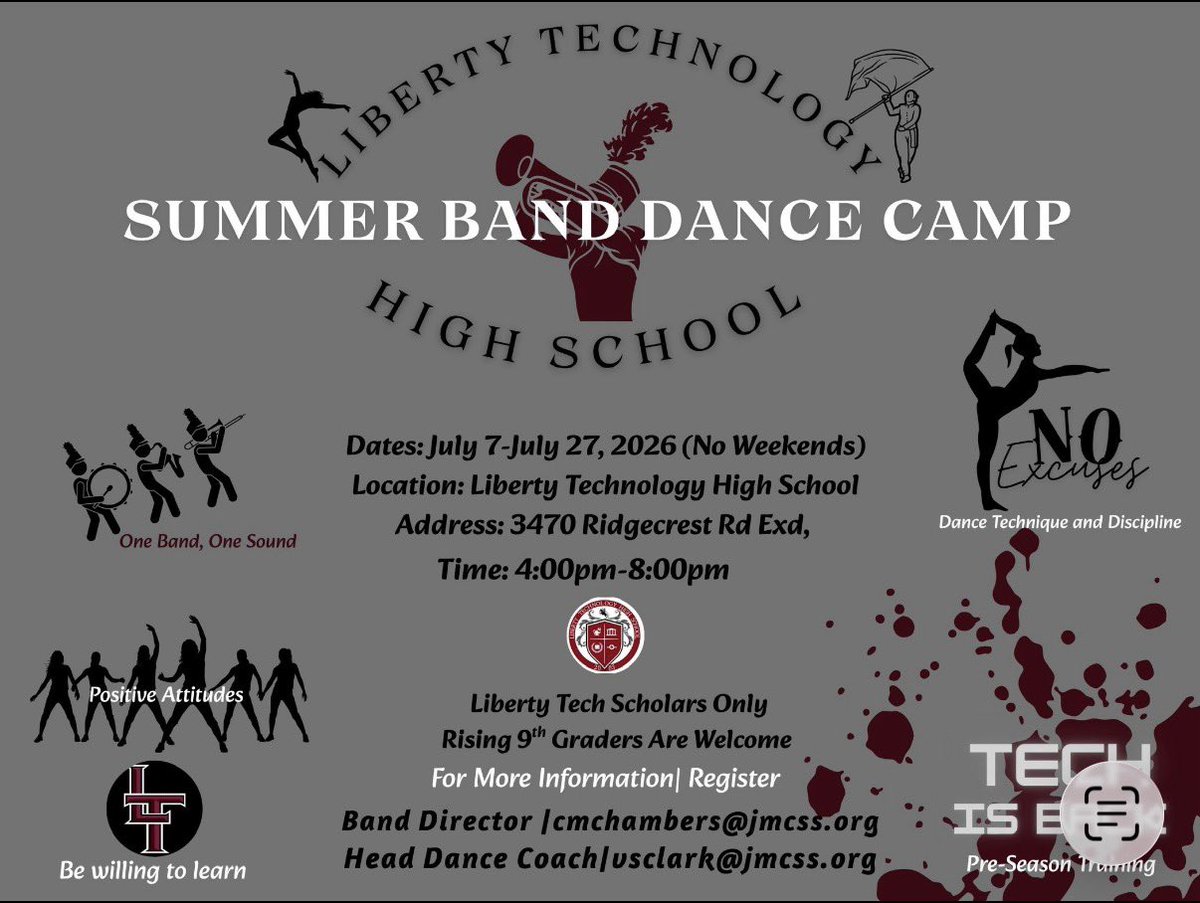 LTHSCrusaders's tweet photo. 📣 Calling All Tech Scholars!

Interested in joining the Liberty Tech Marching Band or Liberty Lady Crusaderettes for 2026-27? 🎶💃

Join our Summer Band &amp; Dance Camp!
📅 July 7–27 (No weekends)
⏰ 4PM–8PM
📍 Liberty Tech High School

📧 cmchambers@jmcss.org
📧 vsclark@jmcss.org https://t.co/jvYEdkSe73