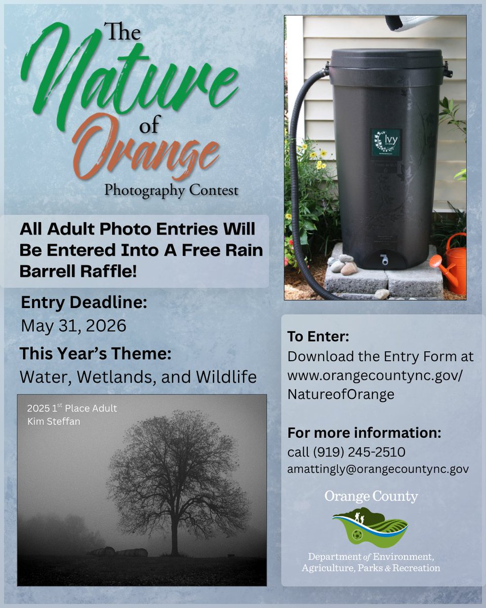OCNCGOV's tweet photo. Did you know every adult entry in the 2026 Nature of Orange Photography Contest is automatically entered for a chance to win a FREE rain barrel?
Submit your photo by May 31 for your chance to win: https://t.co/aY6KtOxOHs
Theme: Water, Wetlands, and Wildlife https://t.co/8cjq7qcXv7