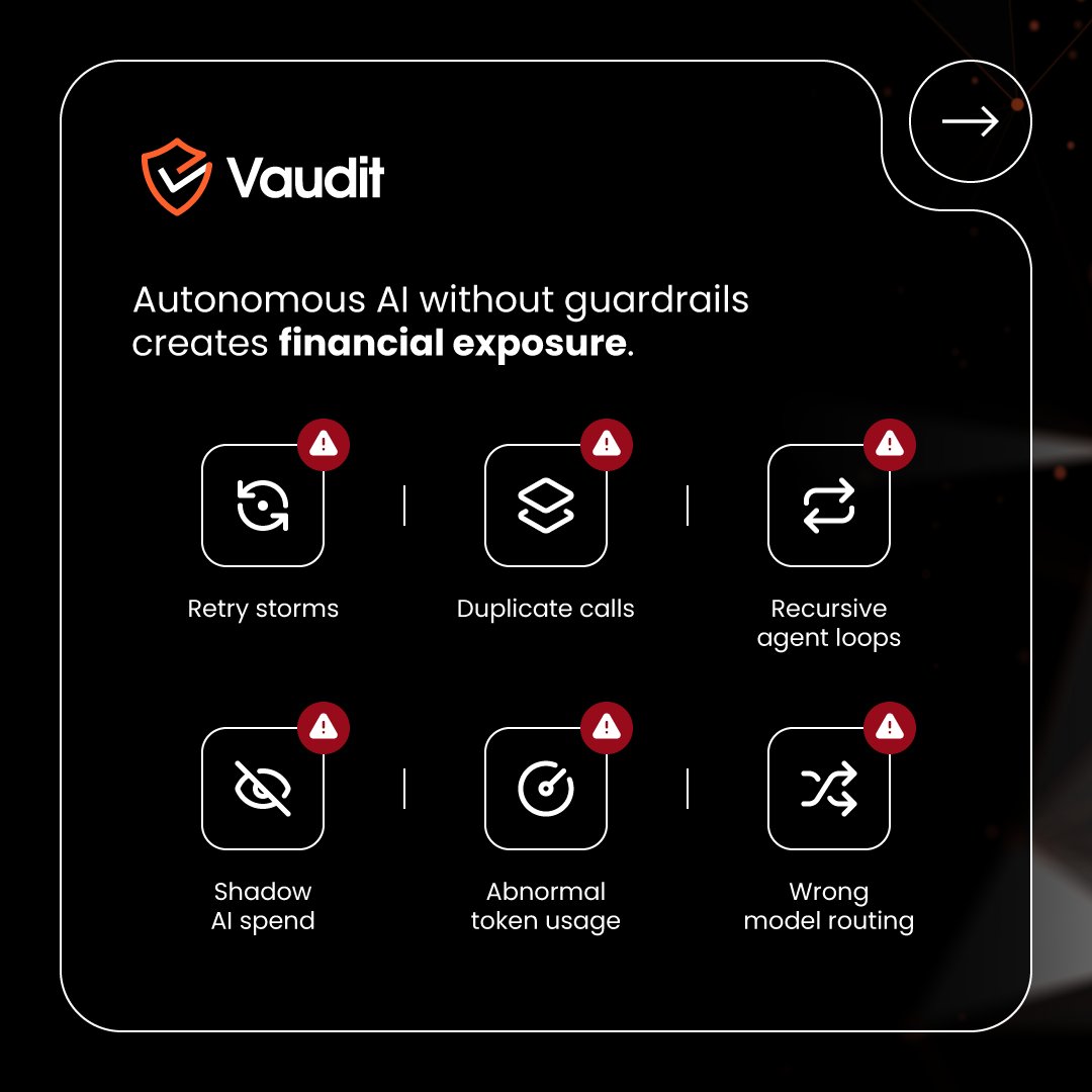 VauditApp's tweet photo. One misconfigured AI agent can create material billing exposure before finance sees the invoice.

That’s the risk with autonomous AI.

Usage dashboards show activity.
They don’t provide financial control.

Autonomous AI needs guardrails.

Learn more: https://t.co/hH9DhwZxjW https://t.co/e6BizqwD99