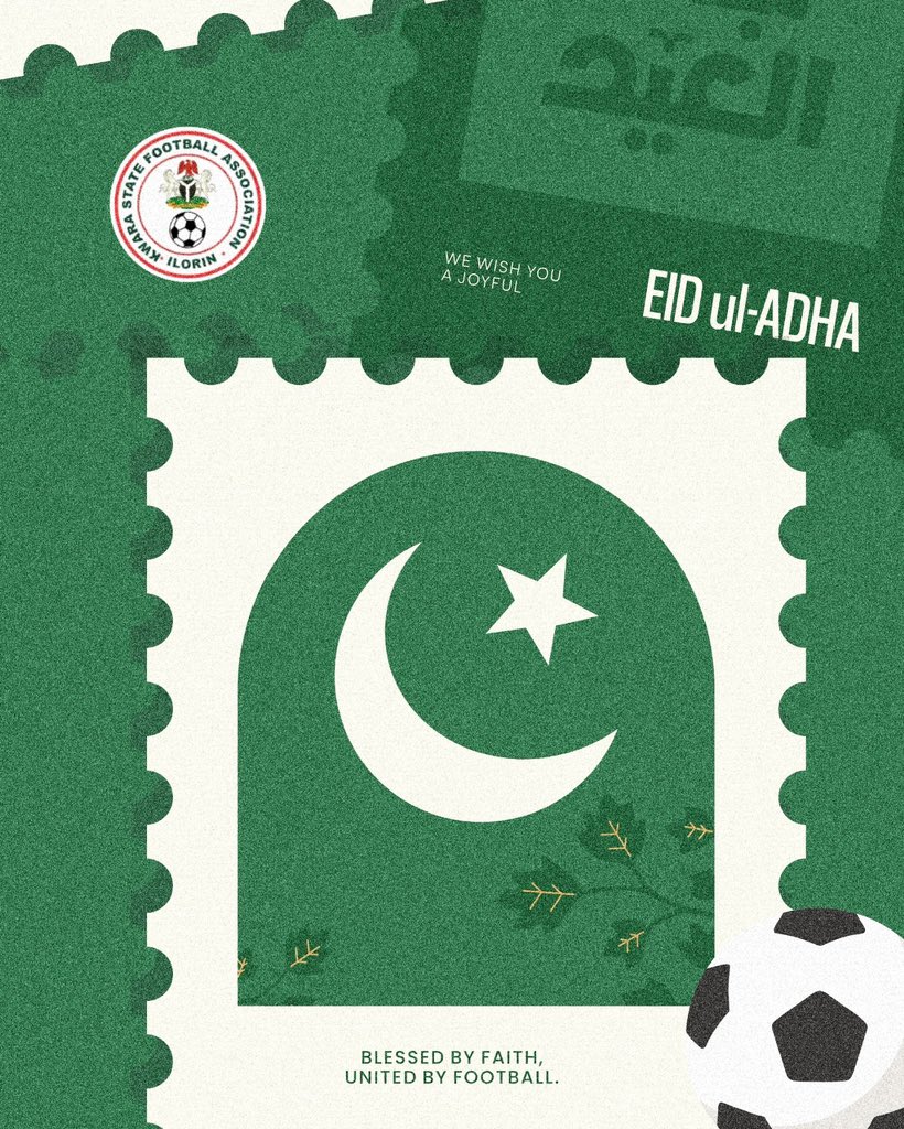 kwara_fa's tweet photo. Blessed by faith, united by football. 🌙✨

The Kwara State Football Association wishes all Muslim faithful a joyful and peaceful Eid ul-Adha celebration.

May this season bring happiness, sacrifice accepted, and countless blessings to every home. 

#EidMubarak #KwaraFA https://t.co/KeTIk2GdVC