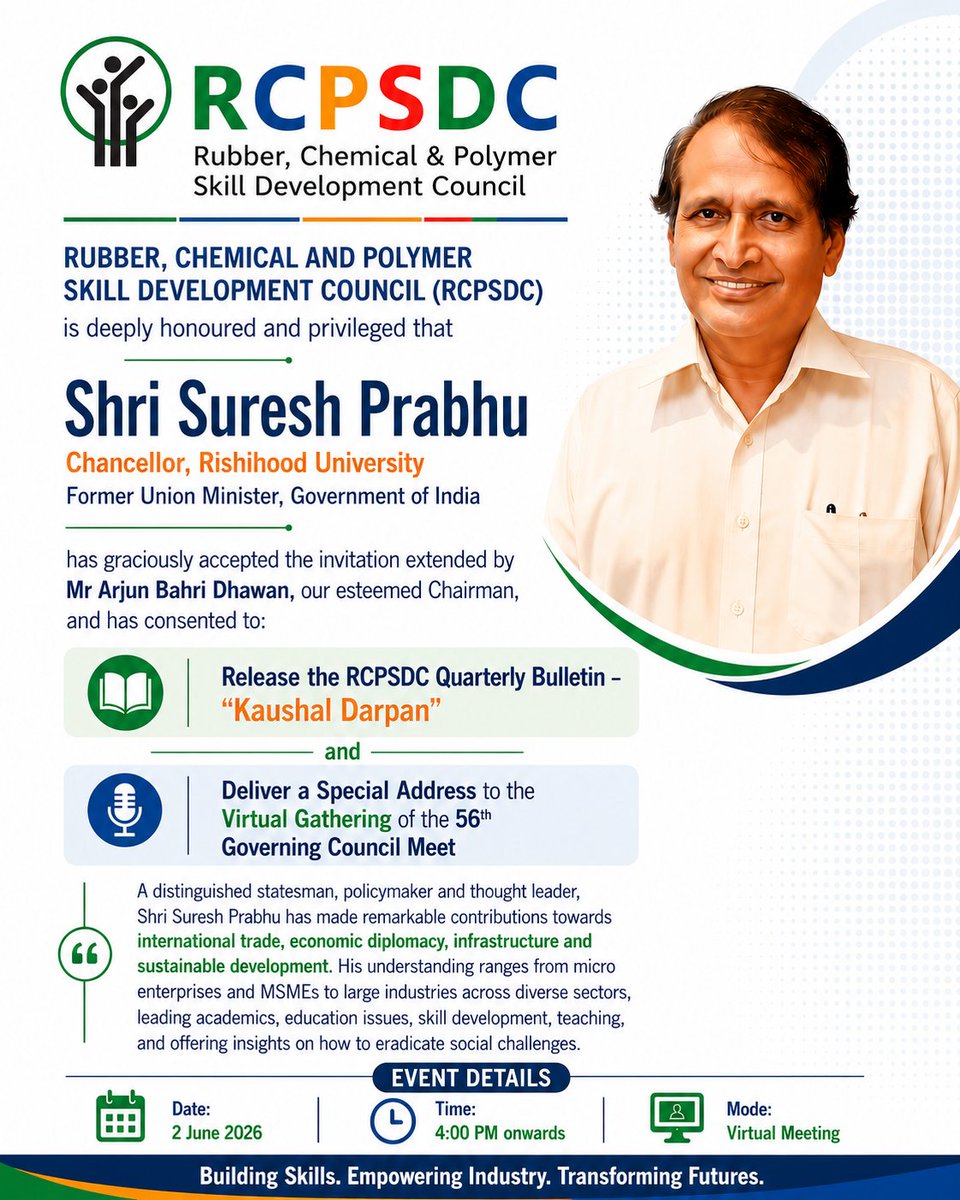 RCPSDC2012's tweet photo. Delighted to welcome Shri Suresh Prabhu, Chancellor @RishihoodUni &amp; Former Union Minister, GoI, as Chief Guest for our 56th Governing Council Meeting.

Looking forward to his guidance on driving growth &amp; skilling in rubber, chemical &amp; polymer sectors!

#RCPSDC #SkillDevelopment https://t.co/wIb9Re7ndt