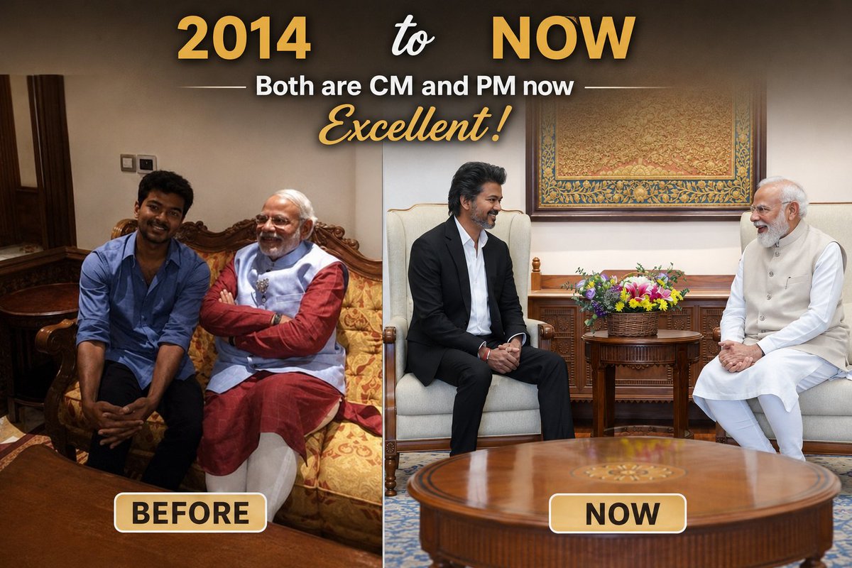 akp0112's tweet photo. 2014 la oru photo...
2026 la oru political statement. 🔥

“Before” nu edutha pic…
“History” nu mudinjudhu.

One became PM again.
One became CM.
Cinema → Politics → Power.
#Vijay
#Thalapathy
#TVKVictory
#TamilNaduPolitics
#ModiJi
#CMVijay
#Breaking
#Viral
#XTrend
#IndiaPolitics https://t.co/RMU9Ckgo4S