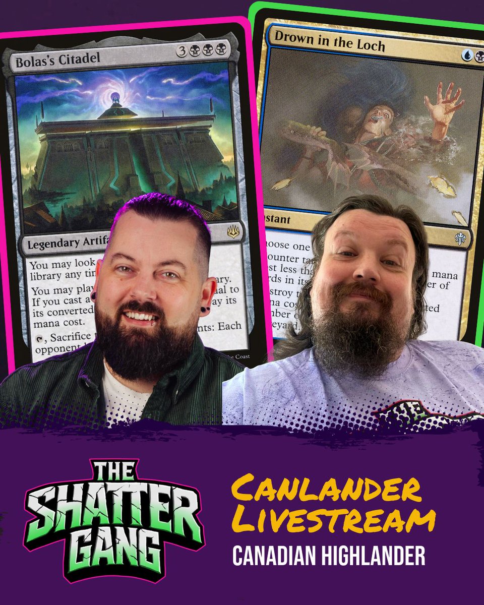 TheShattergang's tweet photo. This week, Dean and Baz are stepping away from the Commander table to try #CanadianHighlander, where powerful cards are back on the menu and there's no Commander watching over you from the Command Zone.
Live Thursday 28th May at 7pm BST (2pm EDT)
#CanLander https://t.co/C2EpdIXD3x