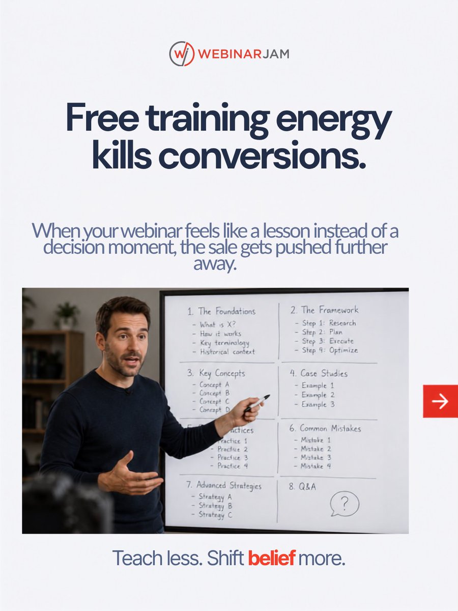 WebinarJam's tweet photo. Low attendance starts before registration. People show up to stop losing, not to learn. When your webinar feels like a lesson, the sale gets pushed away. Teach less. Shift belief more. https://t.co/7Ccaip83pP