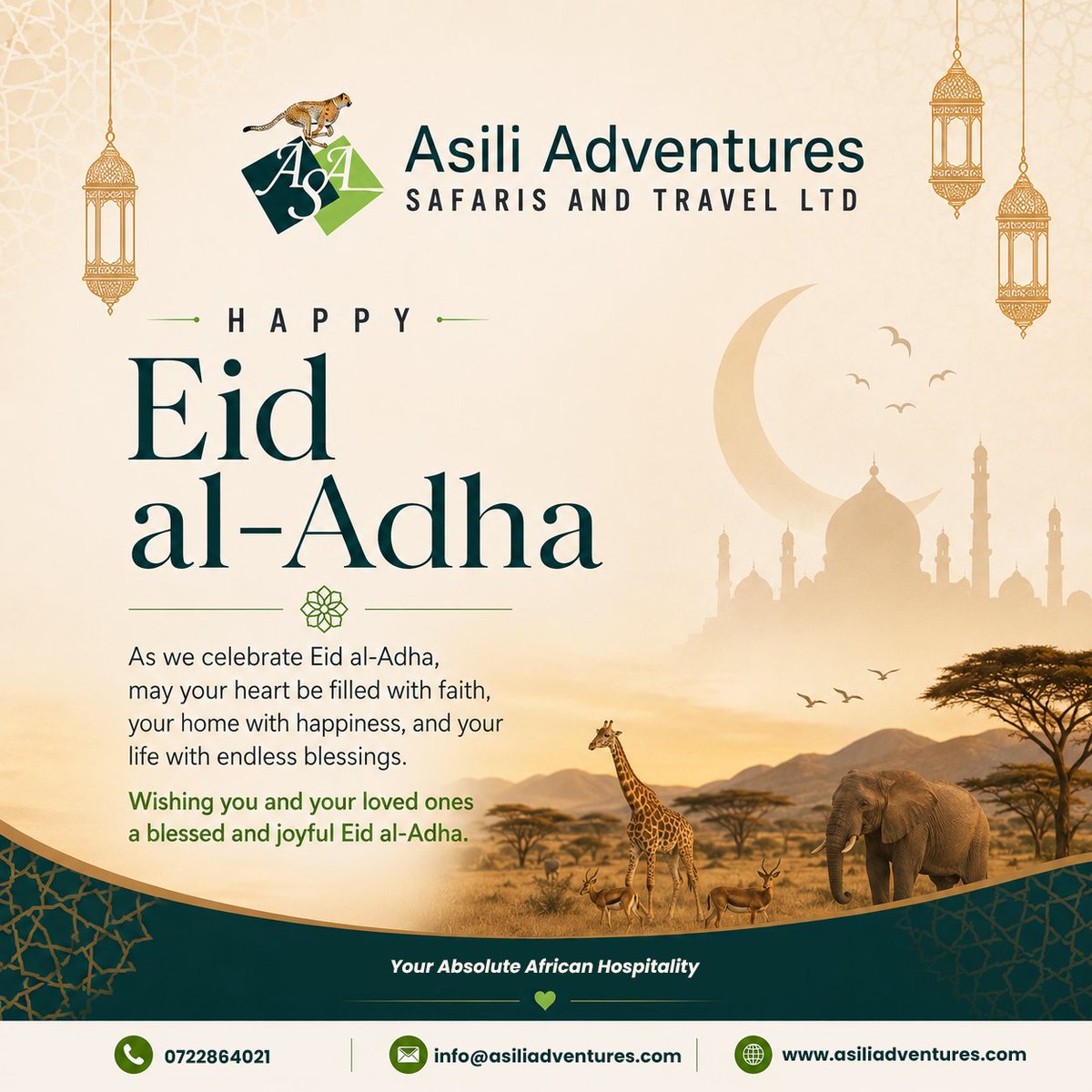 AsiliAdventure's tweet photo. 🌙✨ Eid Al Adha Mubarak from Asili Adventures!
Celebrate the holiday by exploring the beauty of Africa with unforgettable safari experiences and authentic travel moments. 🐘🌿

📞 +254 707 225 892 | +254 722 864 021
📧 info@asiliadventuresafaris.com
🌐 https://t.co/Meqnqz23lC https://t.co/jViPiWCgOM