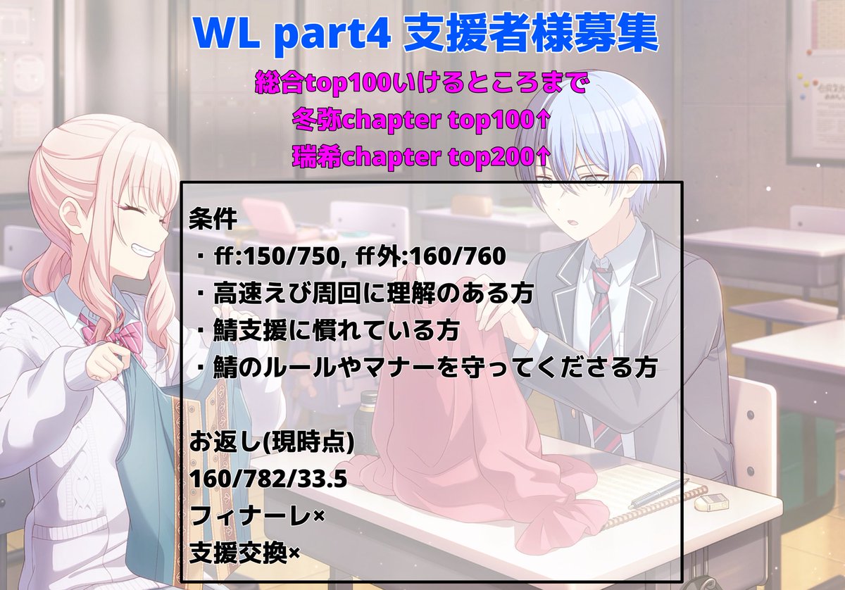 ash__prsk's tweet photo. WLpart4をリアタスありますが総合ランします🔥
詳細は画像およびALTをご覧ください。

お力添えしてくださる方は下記リンクまで申請をお願いいたします✨
ff外の方はリプまたはdmも併せてお願いいたします🙇‍♀️

【https://t.co/69qXQ7awI8】

よろしくお願いします！

#プロセカ募集 https://t.co/o5DS50IQ4k
