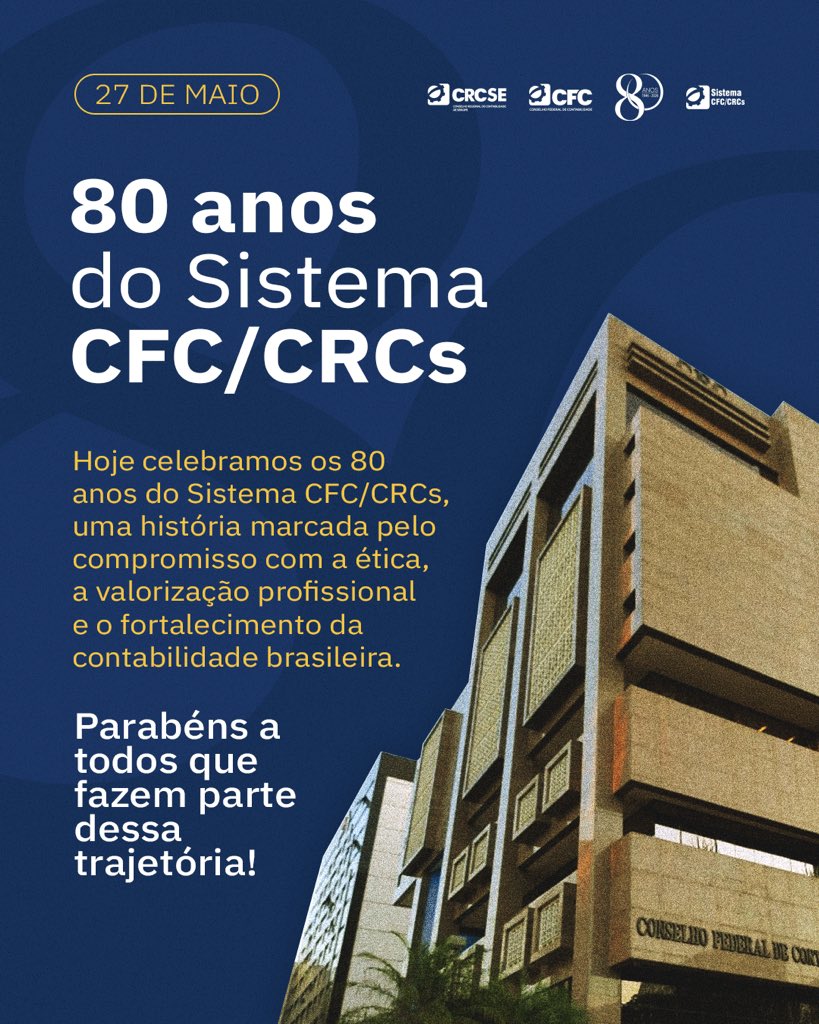 CRC_SE's tweet photo. Hoje celebramos os 80 anos do Sistema CFC/CRCs, uma história marcada pelo compromisso com a ética, a valorização profissional e o fortalecimento da contabilidade brasileira.

Parabéns a todos que fazem parte dessa trajetória! https://t.co/yZrudOvcsr