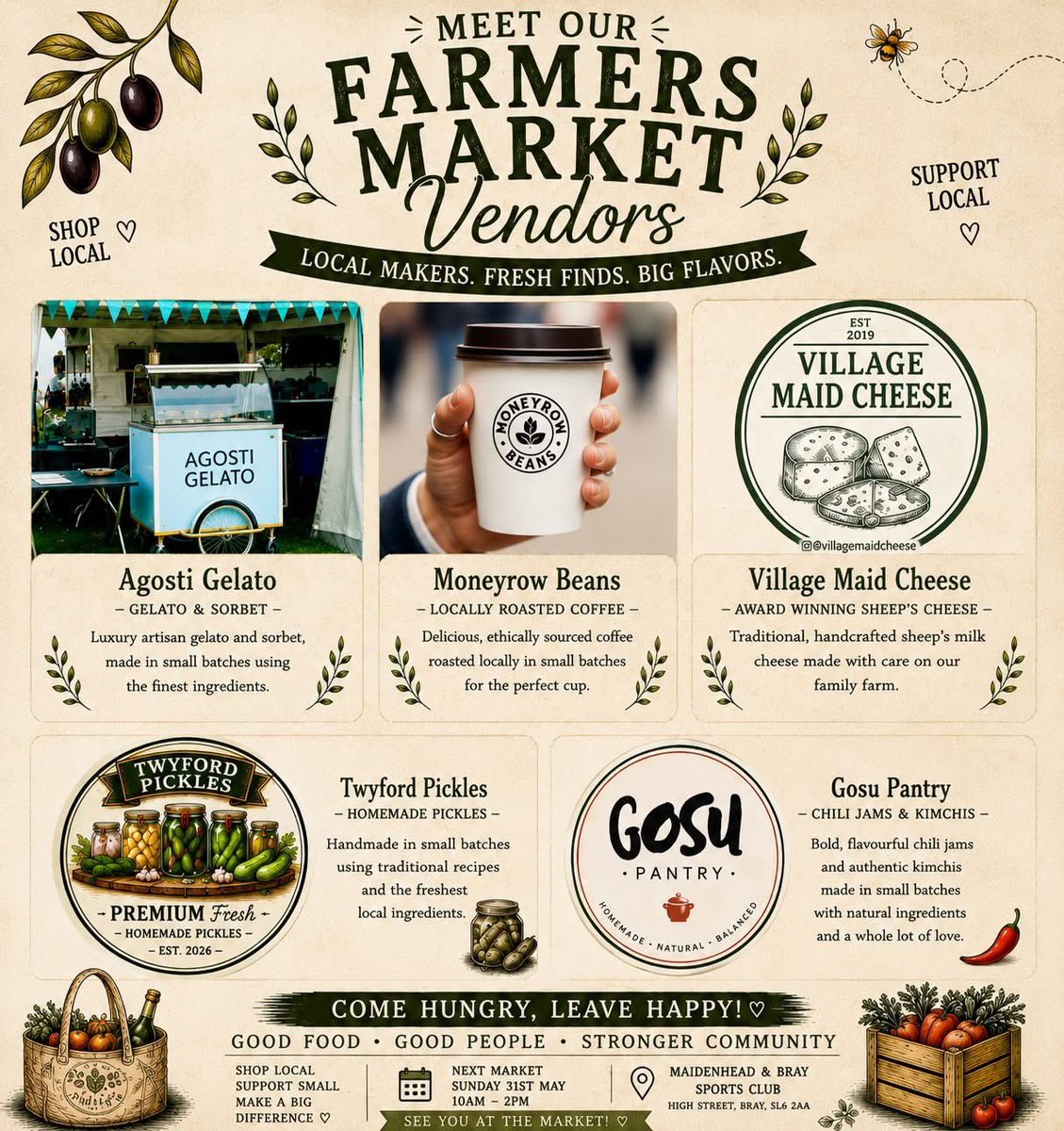 mandbcc's tweet photo. 🌿 Bray Farmers Market is back! 🌿

Sunday 31st May from 10am–2pm at Maidenhead &amp; Bray Sports Club for another beautiful day of local food, artisan makers, fresh produce, sweet treats, coffee and more✨

Plus face painting, bubbles &amp; storytelling from Once Upon A Bus! https://t.co/pYOfPPKjGu