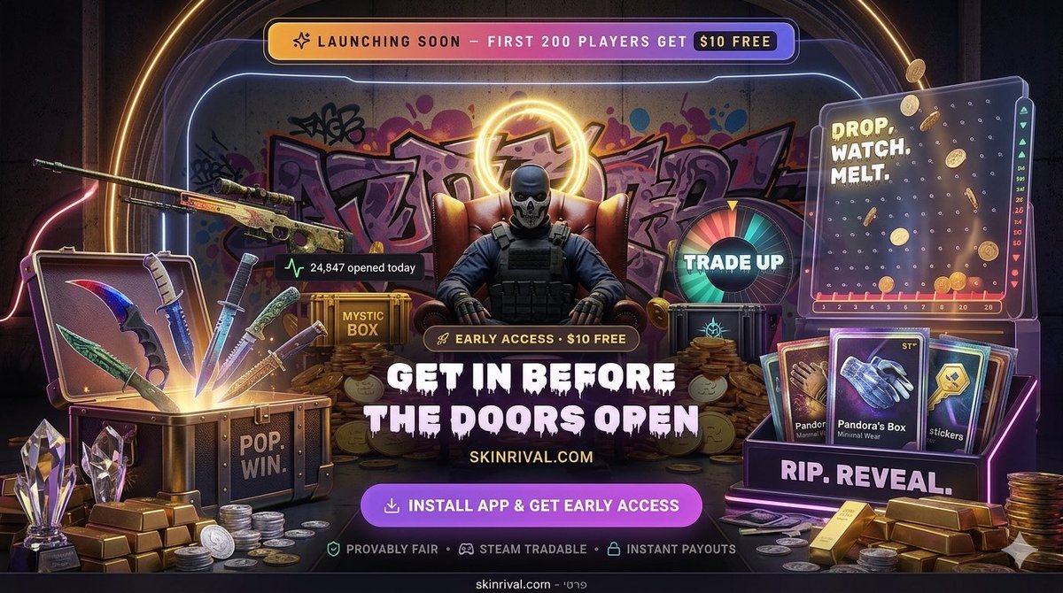 skinrival's tweet photo. Claim your throne! 👑 Get early access at https://t.co/WBMPNn78PP and be one of the first 200 players to get $10 FREE on launch day. ⚡ Cases, PVP Battles, Upgrades, & Plinko await!

🔗 Join now: https://t.co/WBMPNn78PP 

#CS2 #Giveaway #Provablyfair #CSGOGiveaway #csgo #EarlyAccess