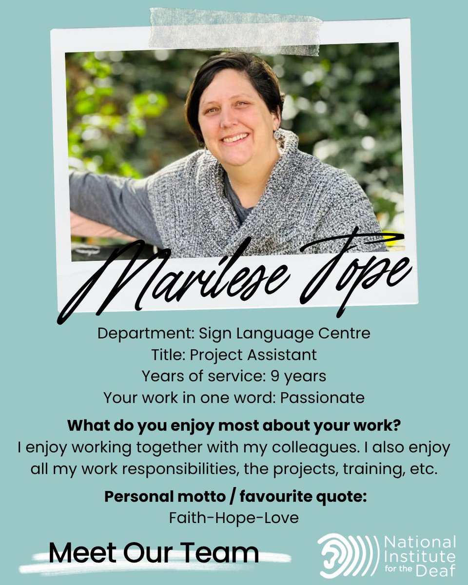 NIDdeaf's tweet photo. Meet Our Team - This week, meet MARILESE TOPE... https://t.co/as8QyDpOXH
