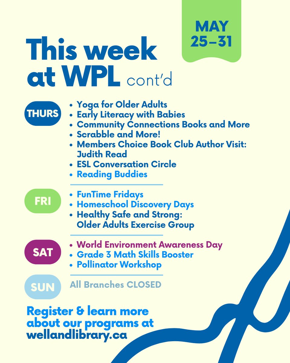 WellandLibrary's tweet photo. Here's what is happening at the Welland Public Library this week, May 25–31!⁠
⁠
From drop-in activities to registered programs, special interest clubs to community events, there's something for every age, interest, hobby and skill level!⁠
⁠
Click here https://t.co/e8xqvpFCoi https://t.co/uDnEgjEjKl