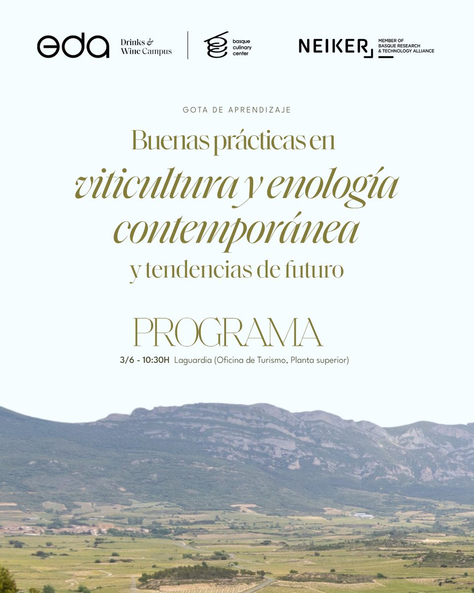 eda_campus's tweet photo. 🍇💧 ¡Ya está aquí el programa de la #GotaDeAprendizaje del 3 de junio!

Una jornada única, en colaboración con 
@neiker_BRTA, para explorar las buenas prácticas en viticultura y enología contemporánea y descubrir tendencias del futuro.

🎟️ Inscripciones: https://t.co/z7FKmSRY6a https://t.co/xeMDkY2jHA
