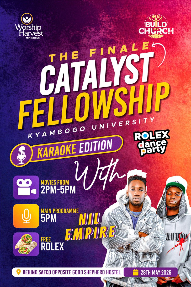 catalystkyu's tweet photo. The Energy at Catalyst Finale is unmatched🔥🔥🔥
Featuring Gospel artists Nil Empire🥳
Come and be ready to be hyped this Thursday.

#CatalystKyambogo
#WorshipHarvest
#KyambogoUniversity https://t.co/OpkscywADG