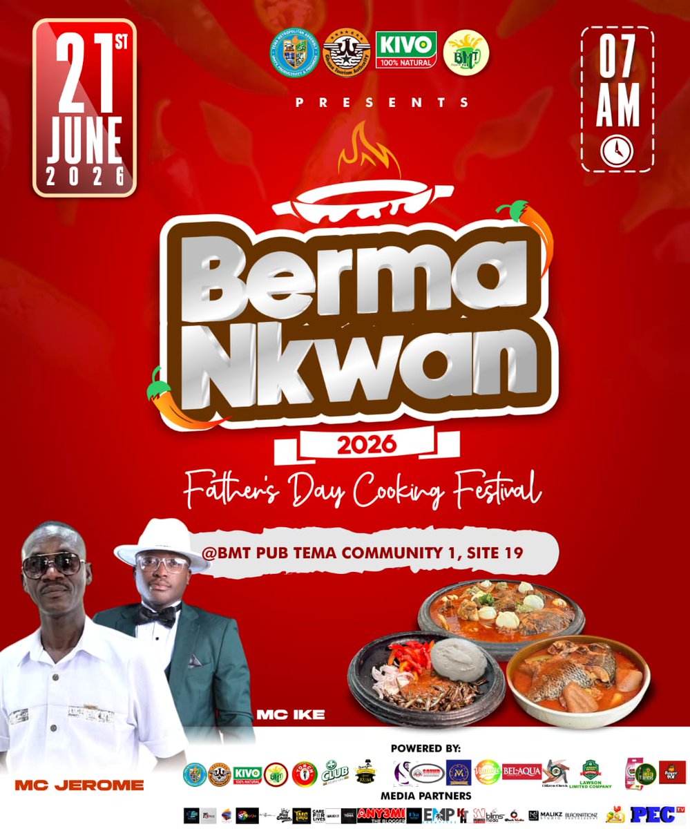 JGammey's tweet photo. Every 21st June is Father's day , but here in Tema , it is known as BERMA NKWAN . Join us at BMT at Site1, Comm.1 for the FATHER'S DAY COOKING FESTIVAL.
#bermankwan26 https://t.co/gr7np1e1sh