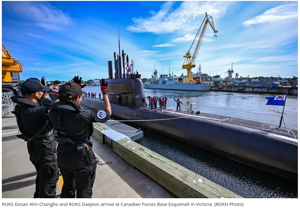 anapASPAC's tweet photo. 🇰🇷The #ROK Navy's KSS-III submarine Dosan Ahn Changho arrived at Canadian Forces Base Esquimalt in Victoria, British Columbia 🇨🇦, where it will take part in a naval cooperation with the RCN 🤝 but also as part of a campaign to win a multi-billion dollar deal 💵. https://t.co/IzV9iYZdBS
