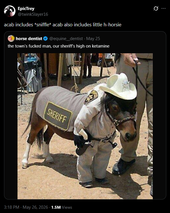 WittiestManEver's tweet photo. acab includes all horses

horses are nature's Pinkertons https://t.co/NTG07SVGsz
