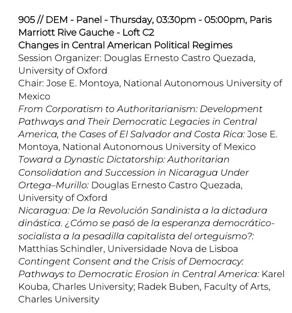 doucastroq's tweet photo. See you tomorrow at LASA Paris. I’ll be speaking on authoritarian consolidation and dynastic succession in Nicaragua, alongside great colleagues discussing political regime change in Central America. https://t.co/Jebgz2WaCO
