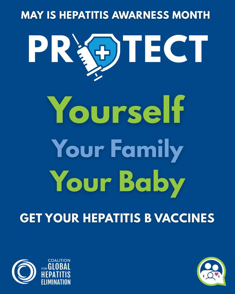 GlobalHep's tweet photo. May is Hepatitis Awareness Month.

Protect yourself. Protect your family. Protect your baby.

The hepatitis B vaccine is safe, effective, and helps prevent liver disease and liver cancer. 

Learn more from our partners at @voices4vaccines. https://t.co/phXCjF8SjS