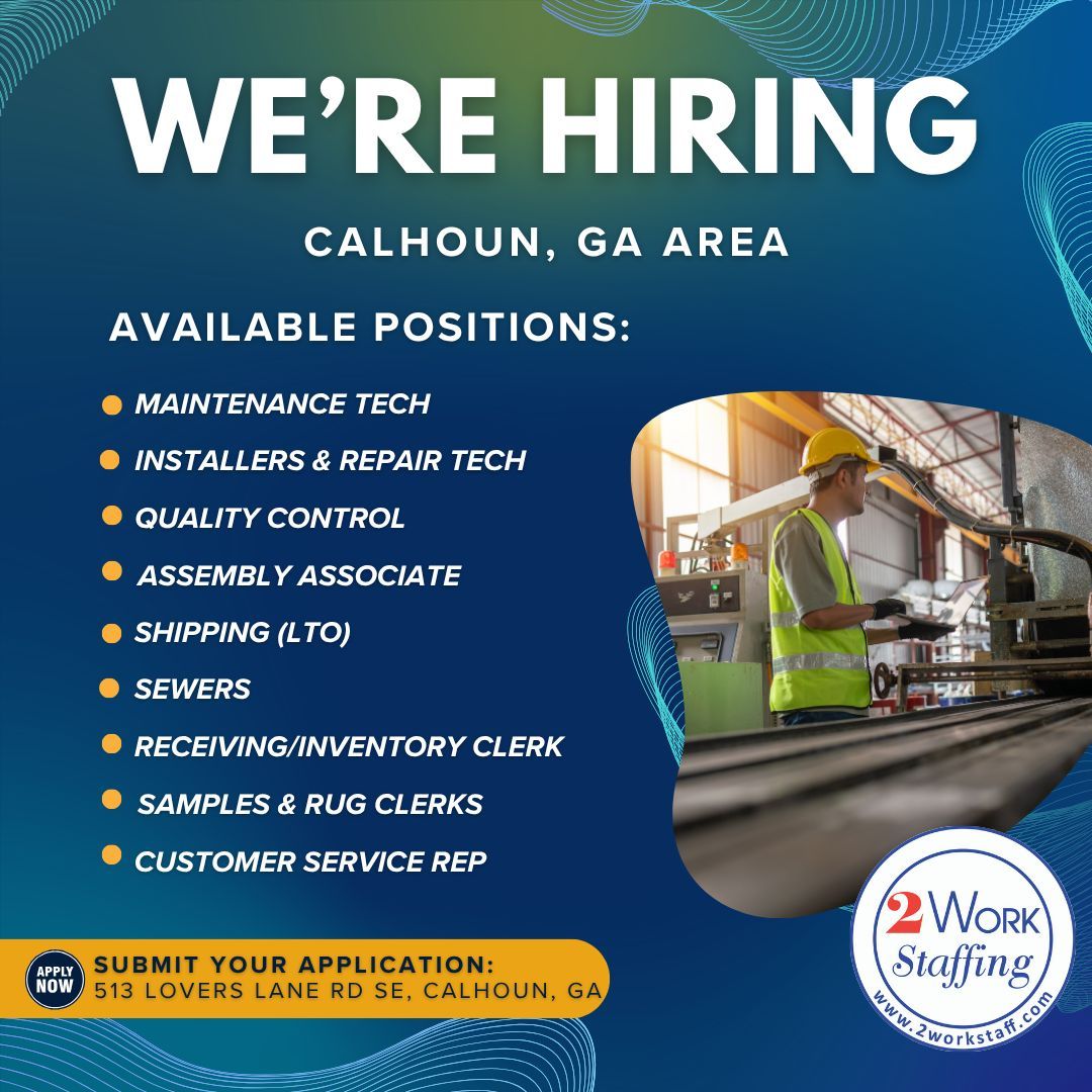 2WorkStaffing's tweet photo. 🚨 NOW HIRING IN CALHOUN! 🚨

2WORK STAFFING in Calhoun has MULTIPLE job openings available!
✅ All shifts available
✅ Background requirements vary by position
✅ Great opportunities with competitive pay

📍513 Lovers Lane Rd SE, Calhoun, GA 
📞706-383-8234 https://t.co/0P76QPjkGi