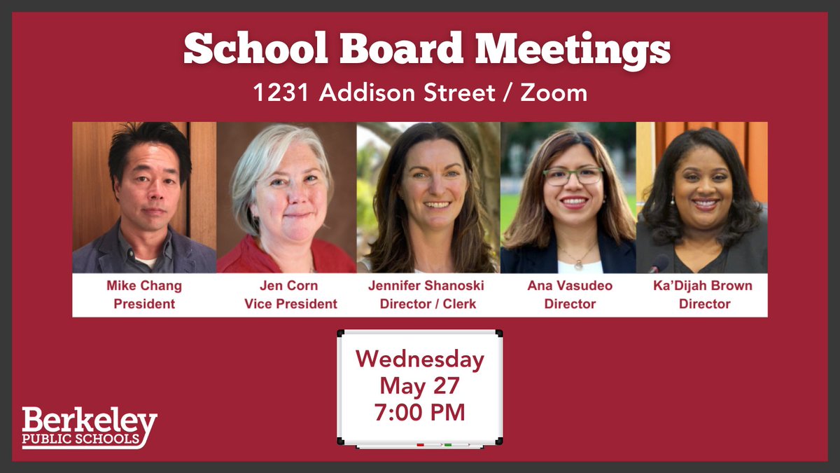 BerkeleyUnified's tweet photo. Please join us for the Wednesday, May 27, School Board meeting at 7:00 pm. This meeting will be held in person at 1231 Addison Street and can also be viewed on Zoom. Information about attending can be found here: https://t.co/ESOhmKL9gb https://t.co/uf3kLBqHHR