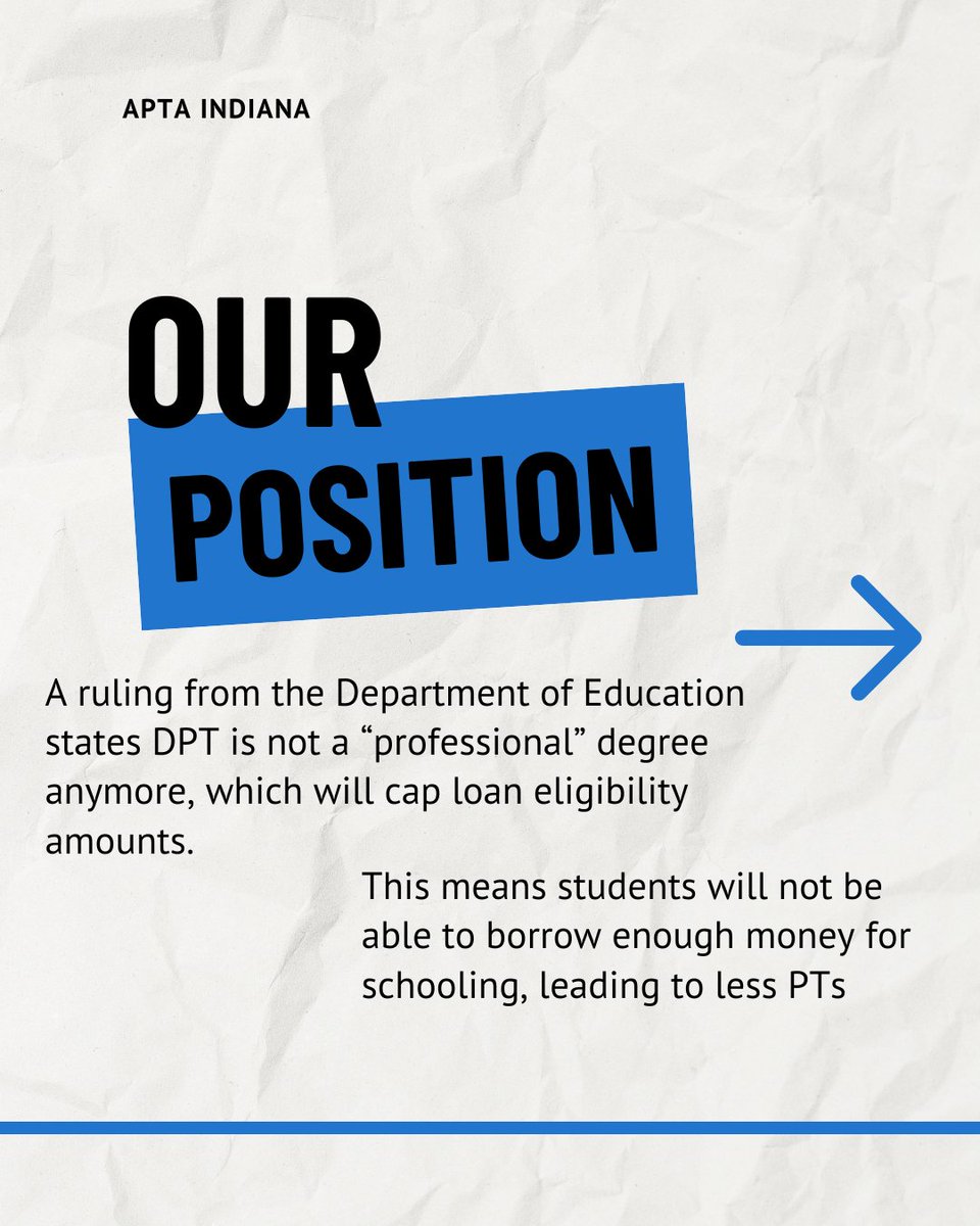 IndianaAPTA's tweet photo. Access to federal student loans is critical for future physical therapists — and APTA is advocating to protect it. The future of our profession depends on supporting students. Learn more about APTA’s position and ongoing advocacy efforts at https://t.co/LG14RHw3XV https://t.co/hmgYwqtG1o