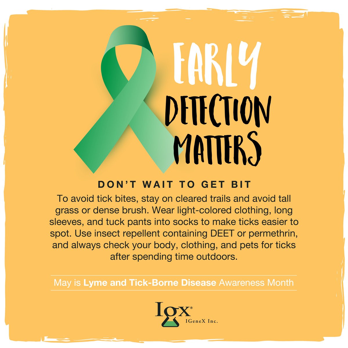 igenexlab's tweet photo. Protect yourself outdoors with proper clothing, repellents, and tick checks.

If you would like to check out an article related to today's topic, follow the link here. https://t.co/fKvoUynYR7 

Learn more at https://t.co/QsaJUbDKed

#lymeawarenessmonth #igenex https://t.co/63Q32tUMv4