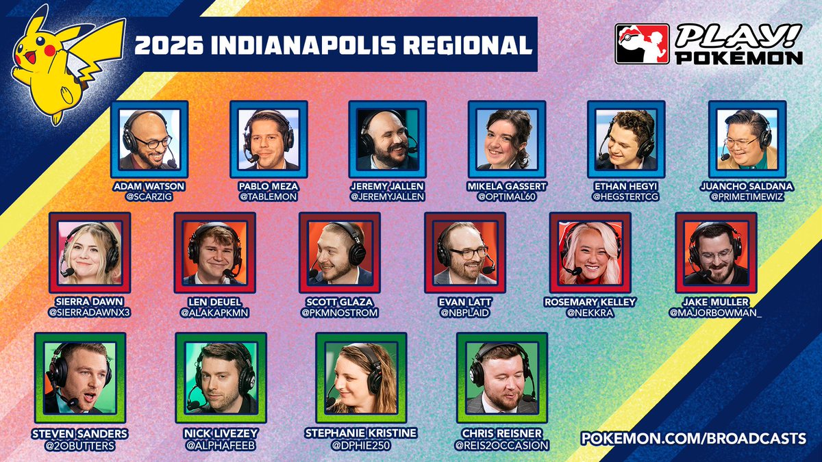 playpokemon's tweet photo. The 2026 Indianapolis Regional Championships is coming up this weekend!

Now introducing your casters who'll help wrap up the NA Regional events for the season 🥁 https://t.co/2VIW5b368s