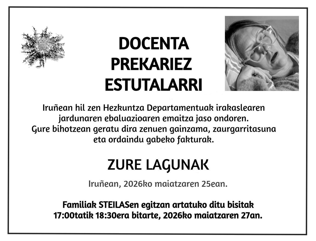 AhotsaInfo's tweet photo. ⚰️ Docenta Prekariez Estutalarri, goian bego!

@STEILAS_  sindikatuak Nafarroako Langile           Publikoen Estatutu berriak ekarriko dituen kalte eta           murrizketei buruzko performance ekintza https://t.co/EecZnQerlF