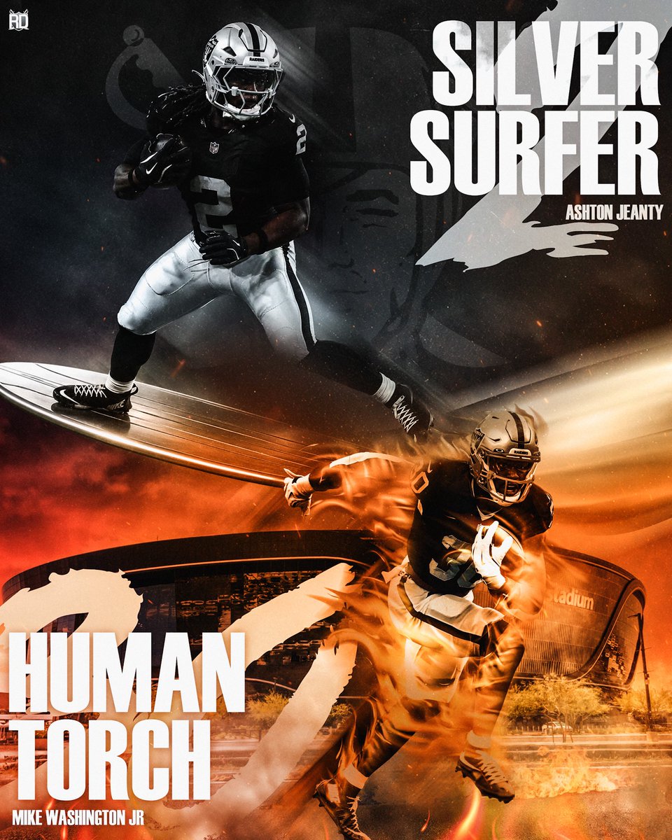 raidersdesigns's tweet photo. Ashton Jeanty, The Silver Surfer 
Mike Washington Jr, The Human Torch
🏄‍♂️ 🔥 
#raiders #raidernation #marvel #fantastic4 #lasvegas https://t.co/NCUXinznVh