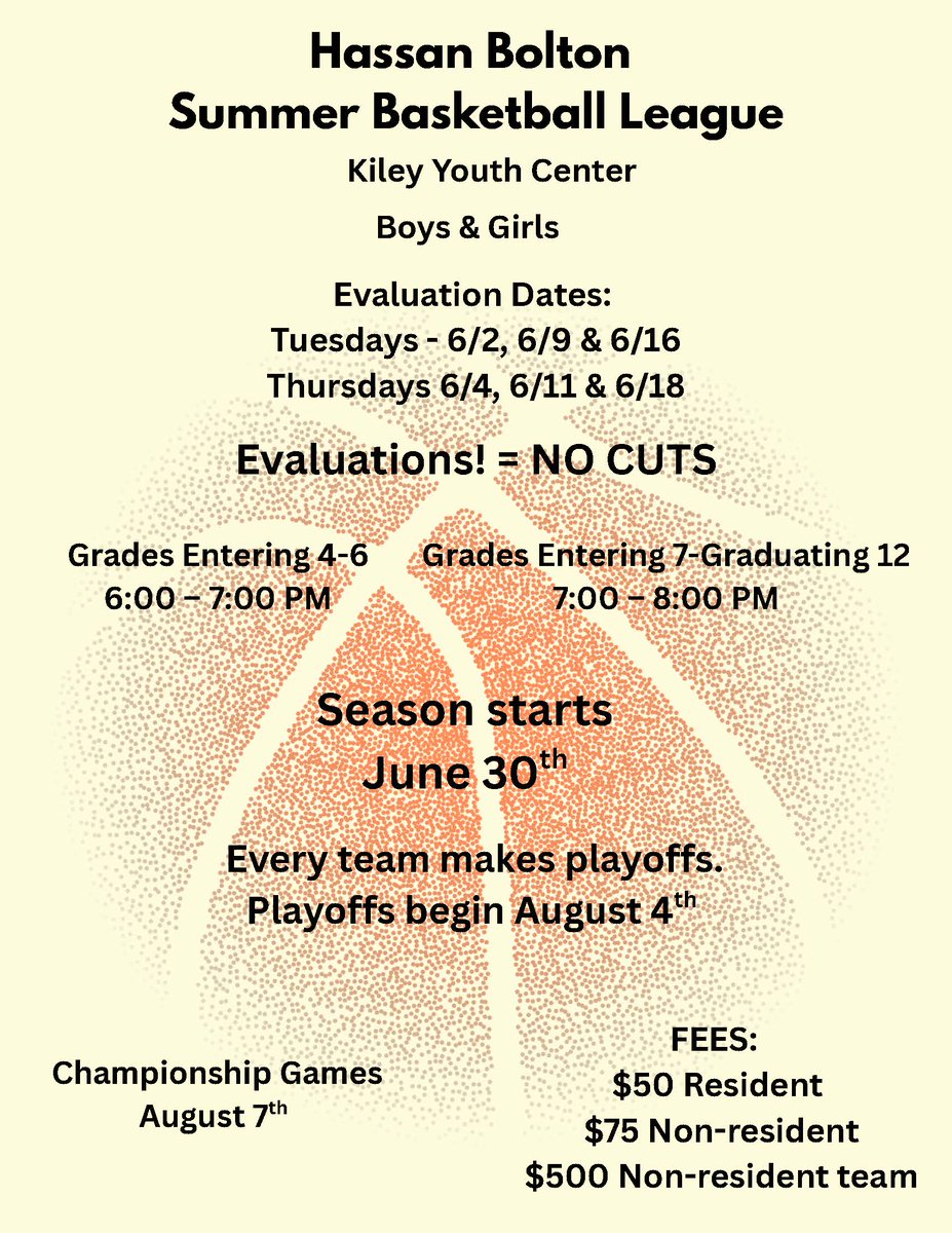 CityOfPeekskill's tweet photo. Evaluations for the Hassan Bolton Summer Basketball League will be held on Tuesdays June 2, June 9, and June 16, and on Thursdays June 4, June 11, and June 18 at the Kiley Youth Center. For more information, contact the Parks and Recreation office at (914) 734-7275. https://t.co/P0yKlWQGRZ