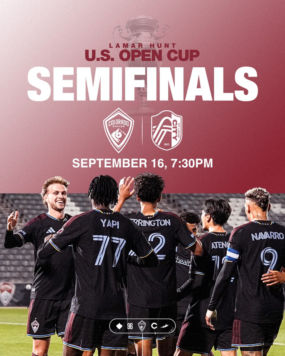 ColoradoRapids's tweet photo. .@opencup Semifinals at home 🏡🔒 

@stlCITYsc comes to town on September 16 with a place in the Final up for grabs. 

More information on tickets will be shared soon 📝» https://t.co/nLKU9KiqVB https://t.co/RIp8LRfcMO