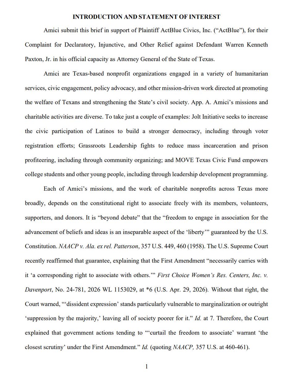 NormEisen's tweet photo. BREAKING: We joined an amicus defending ActBlue — Paxton isn't just targeting one org, he has a playbook

The playbook: prosecute perceived enemies until donors go quiet &amp; missions die

12+ TX nonprofits harassed in one year alone

1A doesn't bend to political vendettas -TN https://t.co/BOLgep2c58