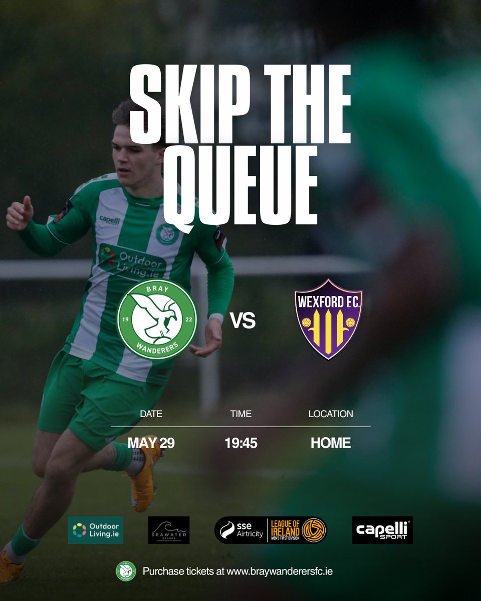 BrayWanderers's tweet photo. Join us this Friday, as we host Wexford F.C. at the Carlisle Grounds for another exciting home game.

Tickets are available at the link below. See you there 🟢⚪️

Ticket Link: https://t.co/kxCXnKFJXq

#Uptheseagulls https://t.co/W1Tyeuh9My