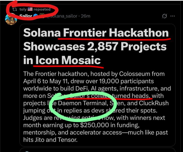 redemptionarcc's tweet photo. wake up @toly:

@DaemonTerminal is spawning a new ecosystem for projects launched on @solana using their IDE for devs

imo $daemon @ $160k is stupidly undervalued… expecting them to win something at the Solana frontier hackathon 

4vpf4qNtNVkvz2dm5qL2mT6jBXH9gDY8qH2QsHN5pump https://t.co/WMd97xk4nQ