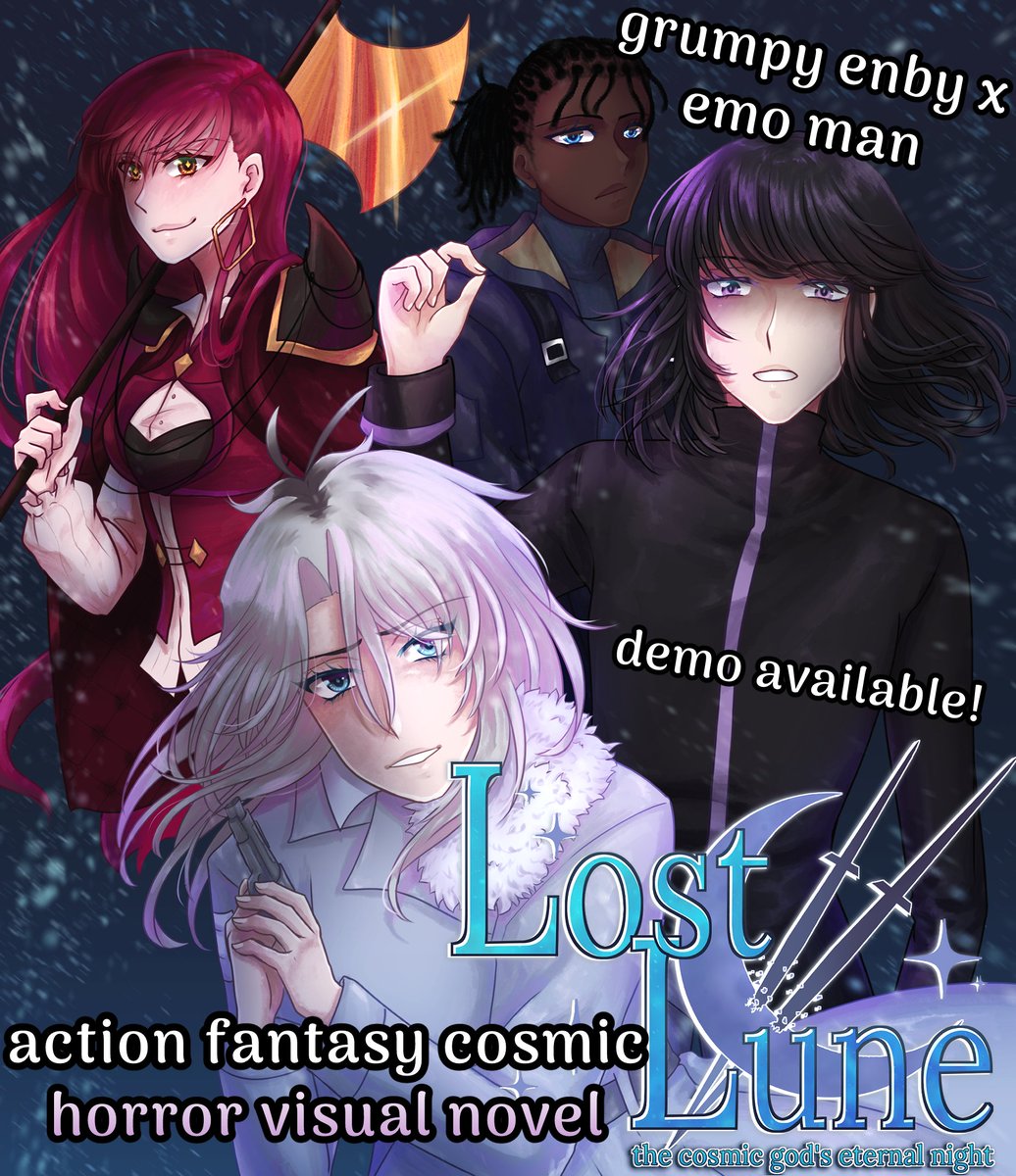 CrystalGameWork's tweet photo. We're currently working on 2 upcoming visual novels!

🎭Harlequinade is a horror romance VN where a college student finds themself stuck in a carnival timeloop.
🌙Lost Lune is an action fantasy cosmic horror VN where the last remnants of humanity fight against mutated creatures. https://t.co/xbeerwIzmb