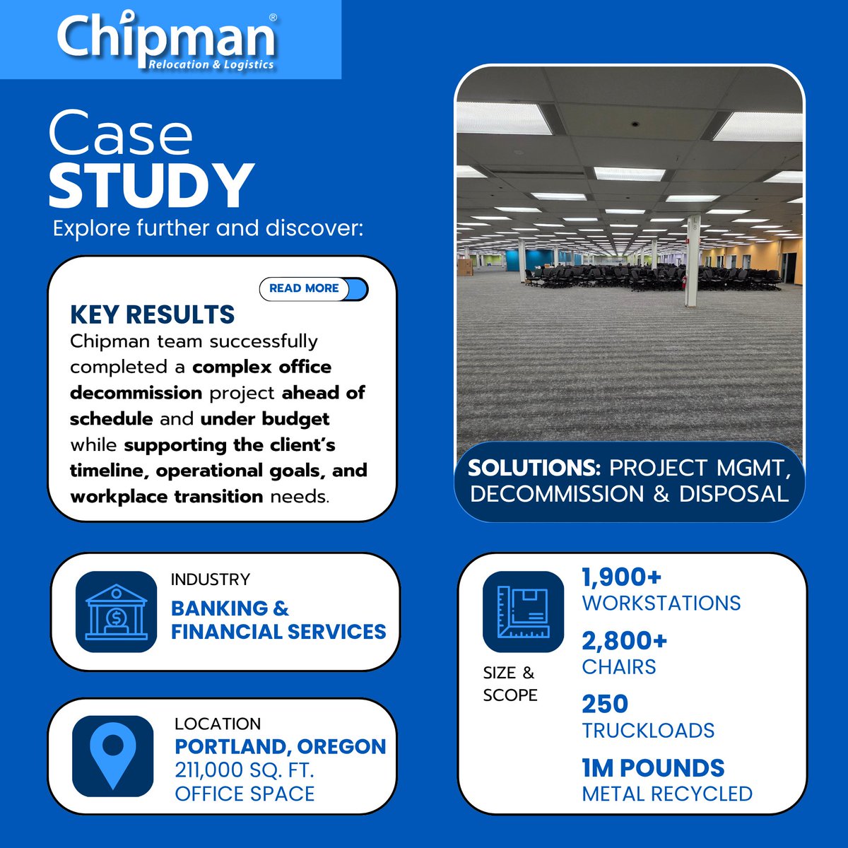 ChipmanRelo's tweet photo. 🏢 Delivering complex office decommission projects takes planning, coordination &amp; execution. See how the Chipman team completed a large-scale workplace decommission ahead of schedule in our latest case study.

👉 https://t.co/y9lNf7eSj8

#OfficeDecommission #CommercialMoving https://t.co/kGjU5Bg2tr