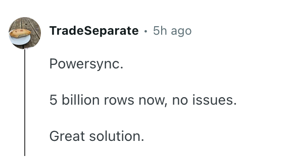powersync_'s tweet photo. Evidence of how Sync Streams solve partial sync at scale - in this case a user is syncing 5B rows in their backend database to millions of rows in SQLite https://t.co/l7pzmH5ED7