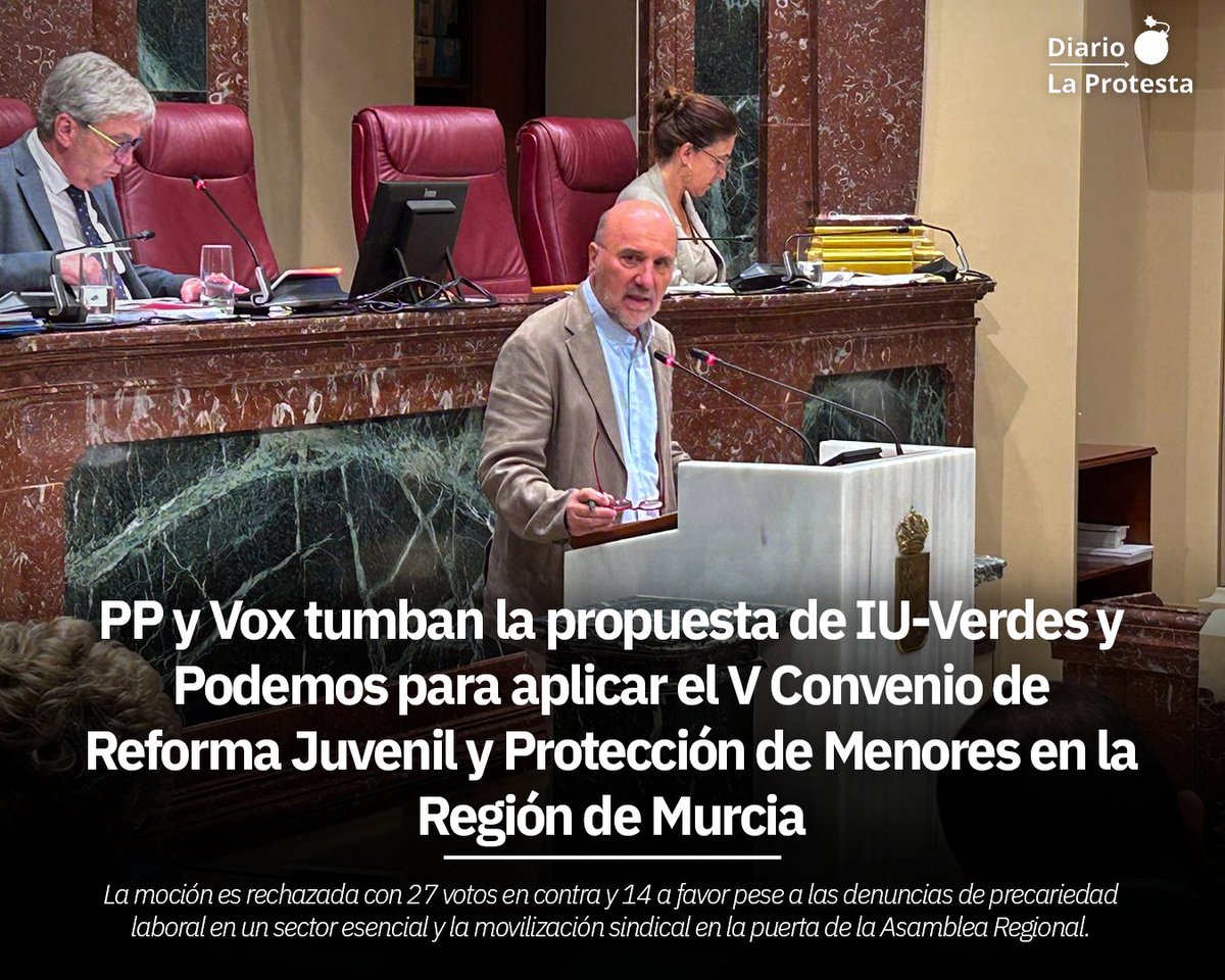 laprotestaes's tweet photo. ‼️ PP y Vox tumban la propuesta de @IUVRM y @podemosmurcia para aplicar el V Convenio de Reforma Juvenil y Protección de Menores en la Región de Murcia

La moción es rechazada con 27 votos en contra y 14 a favor pese a las denuncias de precariedad laboral en un sector esencial y la movilización sindical en la puerta de la Asamblea Regional.

📰 Toda la información a través de https://t.co/sDjSQJhHnQ

https://t.co/wP1bGekWER