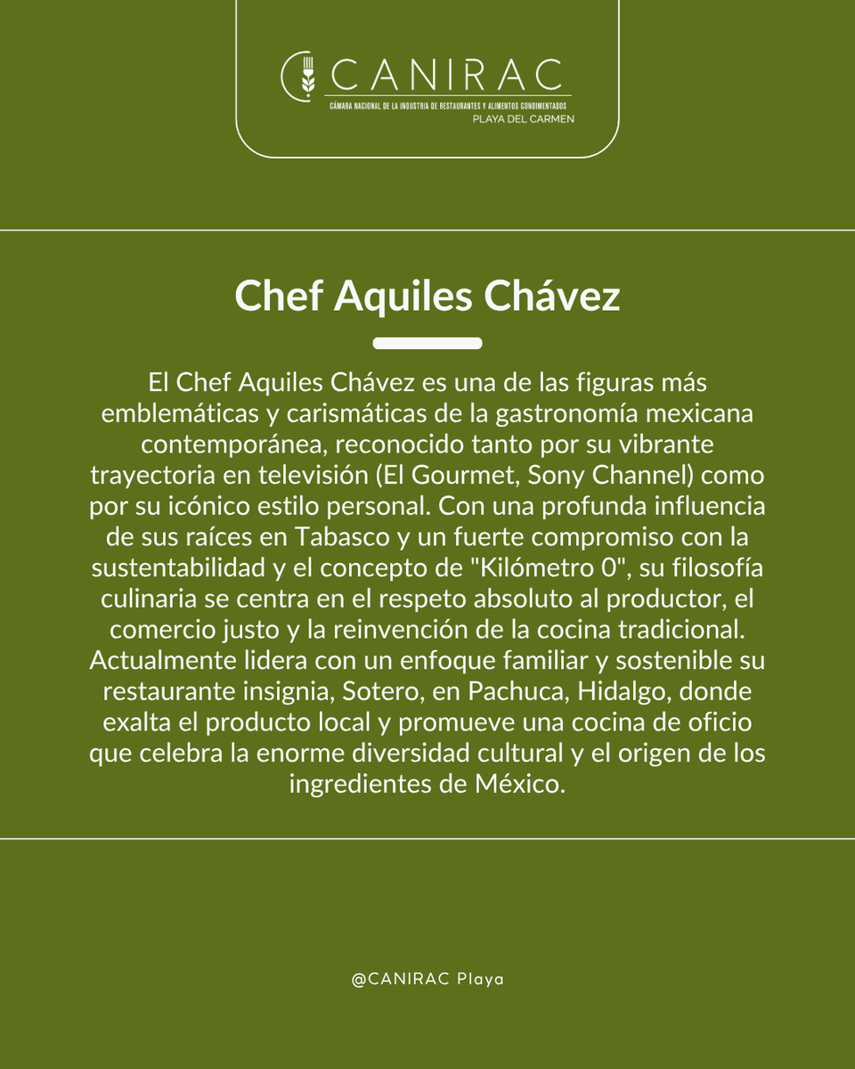 CANIRACPlaya's tweet photo. ¡Conoce al Chef Aquiles Chávez! 👨‍🍳🔥 ✨

Un aplauso para quienes transforman la cocina en un motor de cambio 👏🎨

#ChefAquilesChavez #GastronomiaMexicana #Sustentabilidad #ConsumoLocal #Kilometro0 #CocinaConCausa #Sotero #TalentoMexicano #CuidarElOrigen https://t.co/1J1AwXTwqC