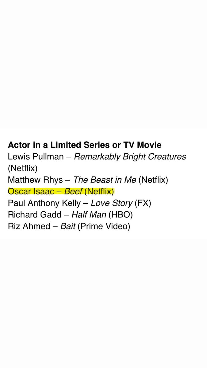 oscariupdates's tweet photo. Oscar Isaac has received an Astra TV awards nomination in Actor in a Limited Series for his performance as Joshua Martín in ‘Beef’ (season 2). 👏

“Beef led the limited series field with nine nominations…bids for Oscar Isaac, Carey Mulligan, Charles Melton, and Cailee Spaeny.” https://t.co/YMdYqyDqlM