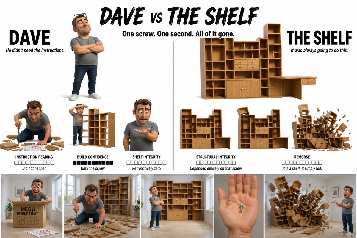 TechieBySA's tweet photo. GPT Image 2 storyboard prompt:

“Create a Pixar 3D style character design sheet. Clean white background. Two characters side by side with a clean dividing line. Bold brushstroke-style title at the top: DAVE VS THE SHELF. Subtitle: One screw. One second. All of it gone.

LEFT SIDE — DAVE
Large name in bold black. Underneath: “He didn’t need the instructions.”
Hero portrait — Dave on clean white. Grey t-shirt, dark jeans, white trainers, reading glasses on forehead. Arms crossed, deeply satisfied.
Three poses:

- Kneeling, screwdriver in hand, instructions face down.
- Standing back, wiping forehead, shelf half built.
- Open palm, one small screw. Pride shifting to dread.
  INSTRUCTION READING ░░░░░░░░░░ Did not happen
  BUILD CONFIDENCE ██████████ Until the screw
  SHELF INTEGRITY ░░░░░░░░░░ Retroactively zero

RIGHT SIDE — THE SHELF
Large name in bold black. Underneath: “It was always going to do this.”
Hero portrait — completed shelf on clean white. Complex asymmetric natural wood unit. Two tall tower sections, wide central section, cabinet doors with round handles, small drawers, built-in desk surface on the right. Irregular and architectural. Not a grid.
Three poses:

- Fully assembled. Every section in place. Looks permanent.
- Left tower leaning one millimeter. The beginning.
- Full collapse — sections toppling, drawers sliding, doors swinging, desk dropping last.
  STRUCTURAL INTEGRITY ░░░░░░░░░░ Depended on that screw
  REMORSE ░░░░░░░░░░ It simply fell.

BOTTOM STRIP:
Dave opening box, instructions face down · Dave mid-build, shelf half assembled, sweat on forehead · Dave stepping back, full shelf complete, satisfied nod · Overhead — Dave’s palm, one small screw, nothing else · Full collapse — sections toppling, drawers sliding, doors flying, Dave watching

HE BUILT IT PERFECTLY. HE HELD THE PROOF.

STYLE NOTES: Pixar 3D vivid rendering. White walls, cool daylight, wooden floor in strip. Wood shelf against white walls. Complex asymmetric shelf in every frame — not a grid. Maximum Pixar expression.”
