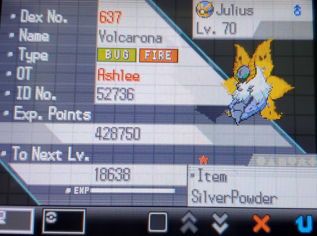 baass_d's tweet photo. Shiny Volcarona in White after 13,001 SRs! Really cool number and an even cooler find! Caught it in the first quick ball :) #shinypokemon https://t.co/paASLF7gm2