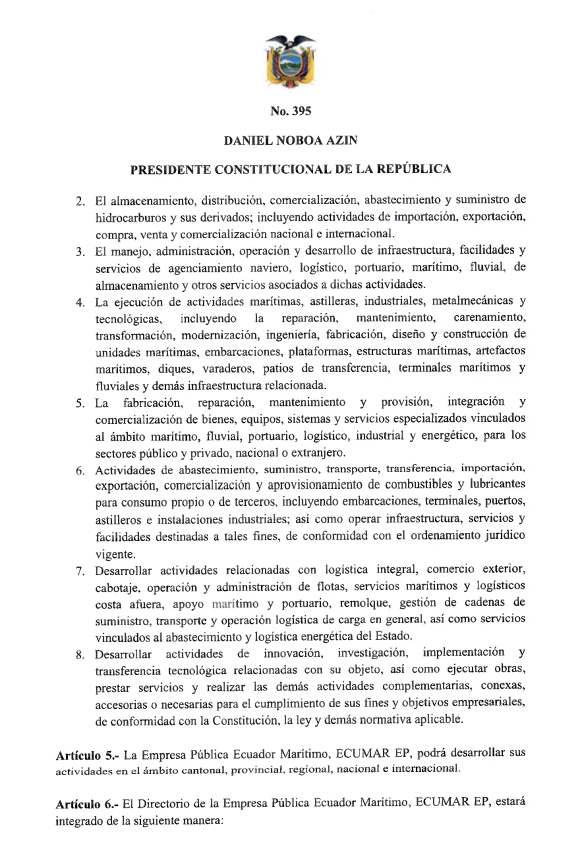 ecuainm_oficial's tweet photo. ‼️#URGENTE
El presidente Daniel Noboa dispuso la fusión por absorción de Astilleros Navales Ecuatorianos (ASTINAVE EP) por parte de FLOPEC EP. Tras el proceso de transición, la empresa pasará a denominarse Empresa Pública Ecuador Marítimo, ECUMAR EP, con sede principal en Quito. https://t.co/MlcZNakRKR